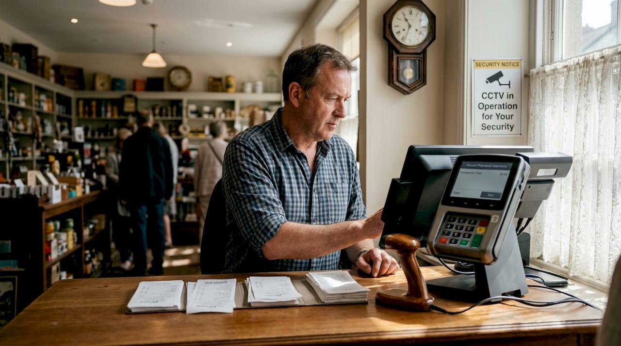 Retail manager inspecting POS terminal security