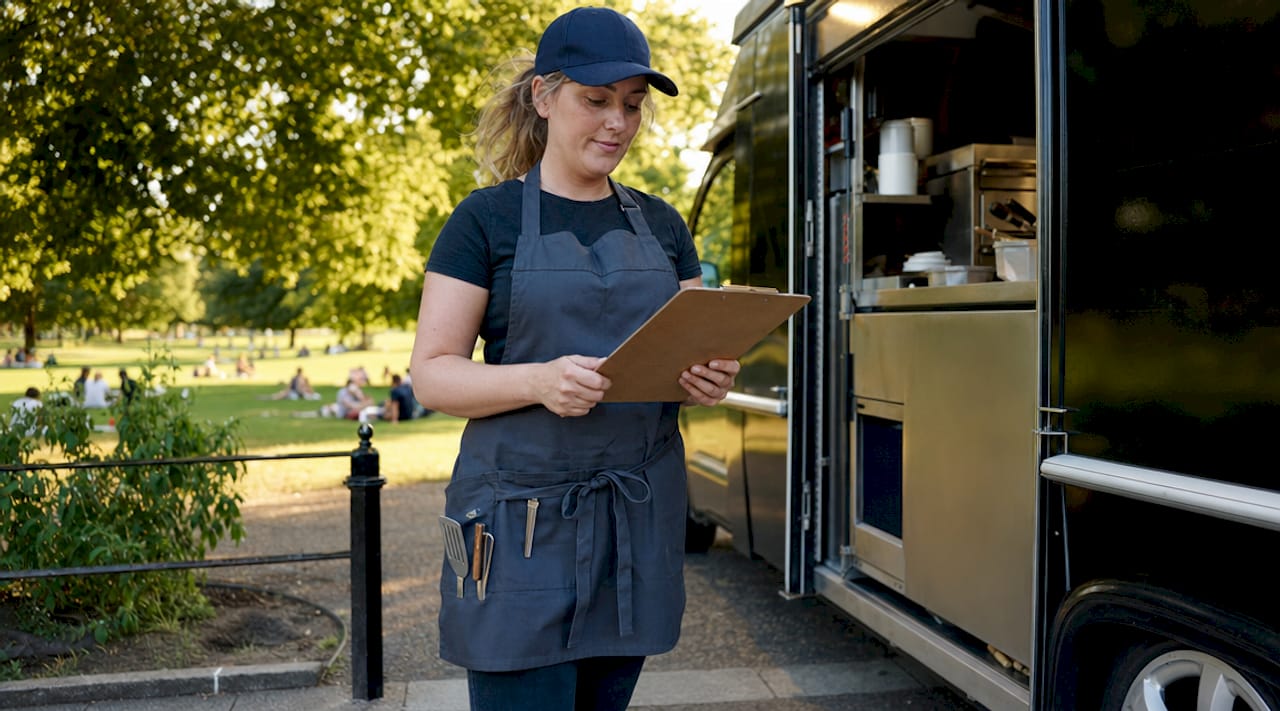 Caterer reviewing mobile catering checklist outdoors