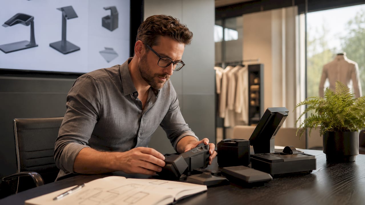 Retail manager inspecting modular POS hardware components
