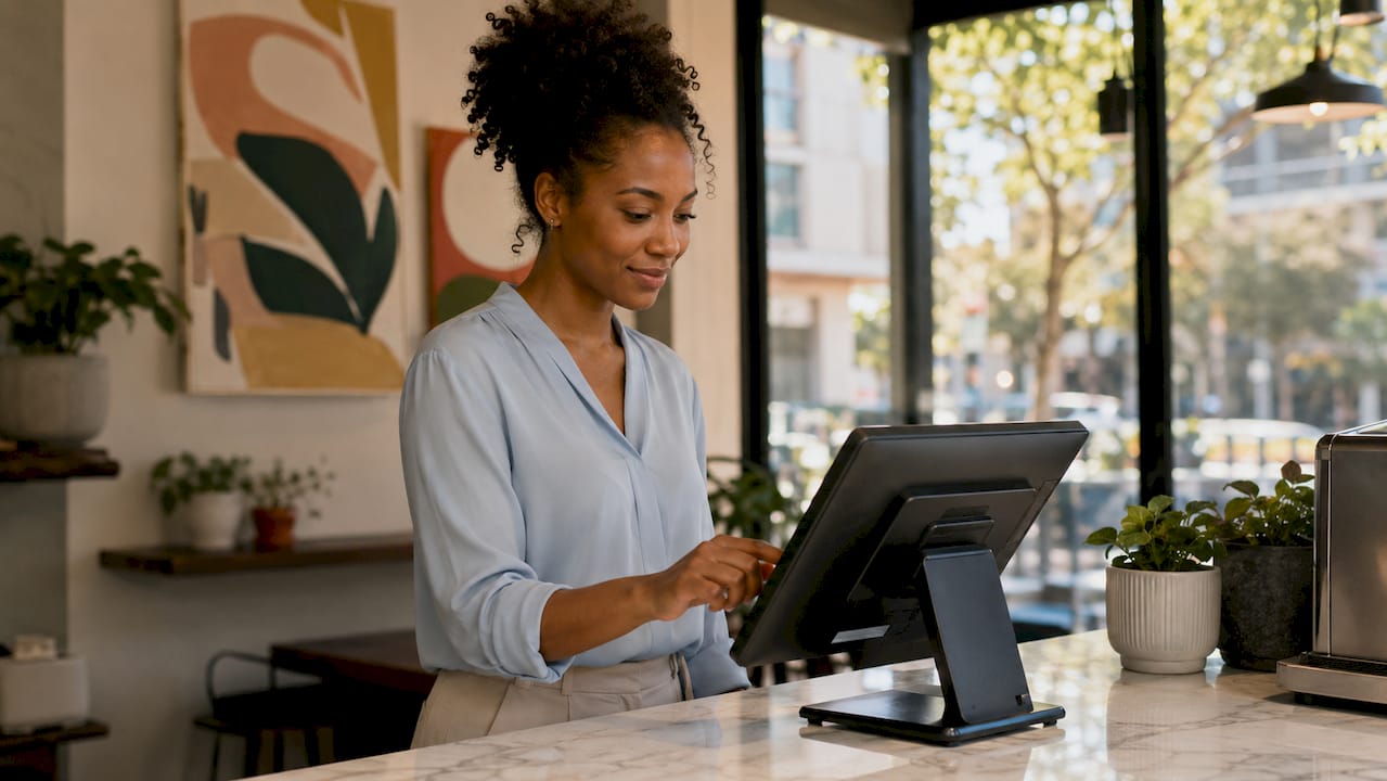 Store manager using touchscreen POS in retail
