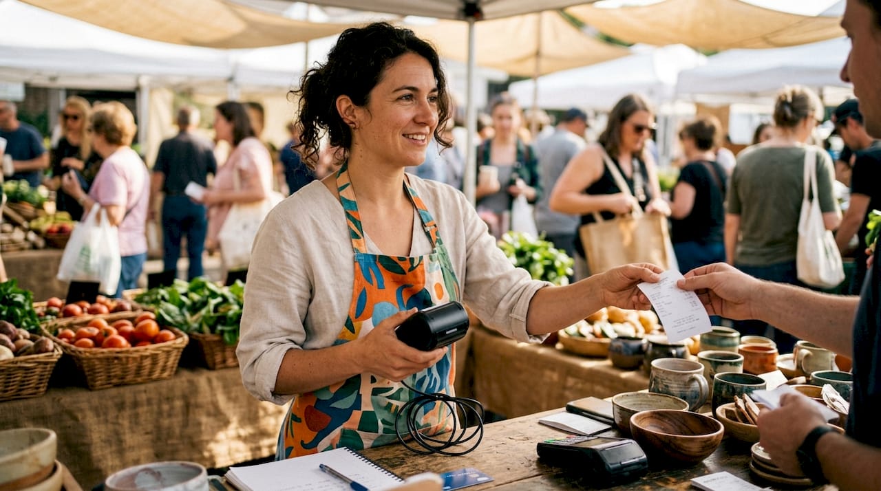 Clerk using portable receipt printer at retail pop-up