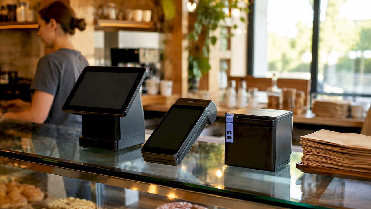 Variety of compact POS terminals on wooden counter