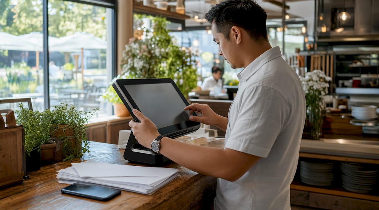 Restaurant manager configuring checkout POS device
