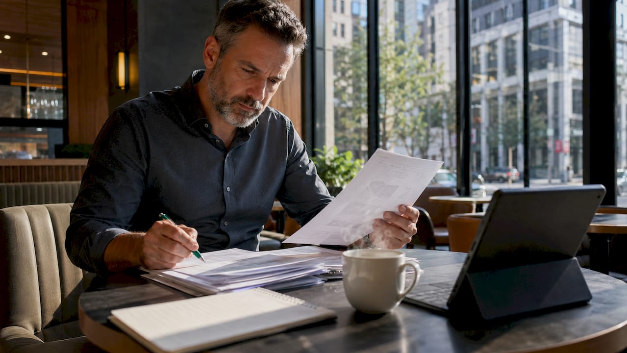 Hospitality manager reviewing workflow documents at desk