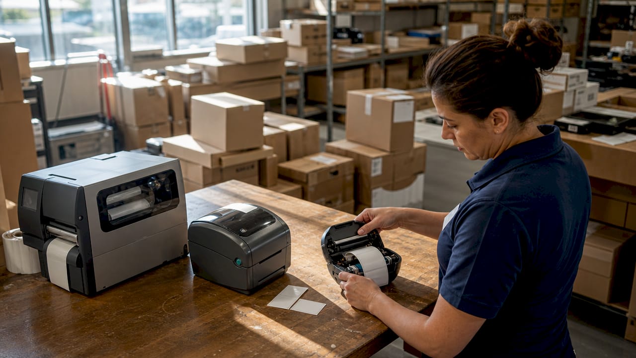Retail worker setting up barcode label printers