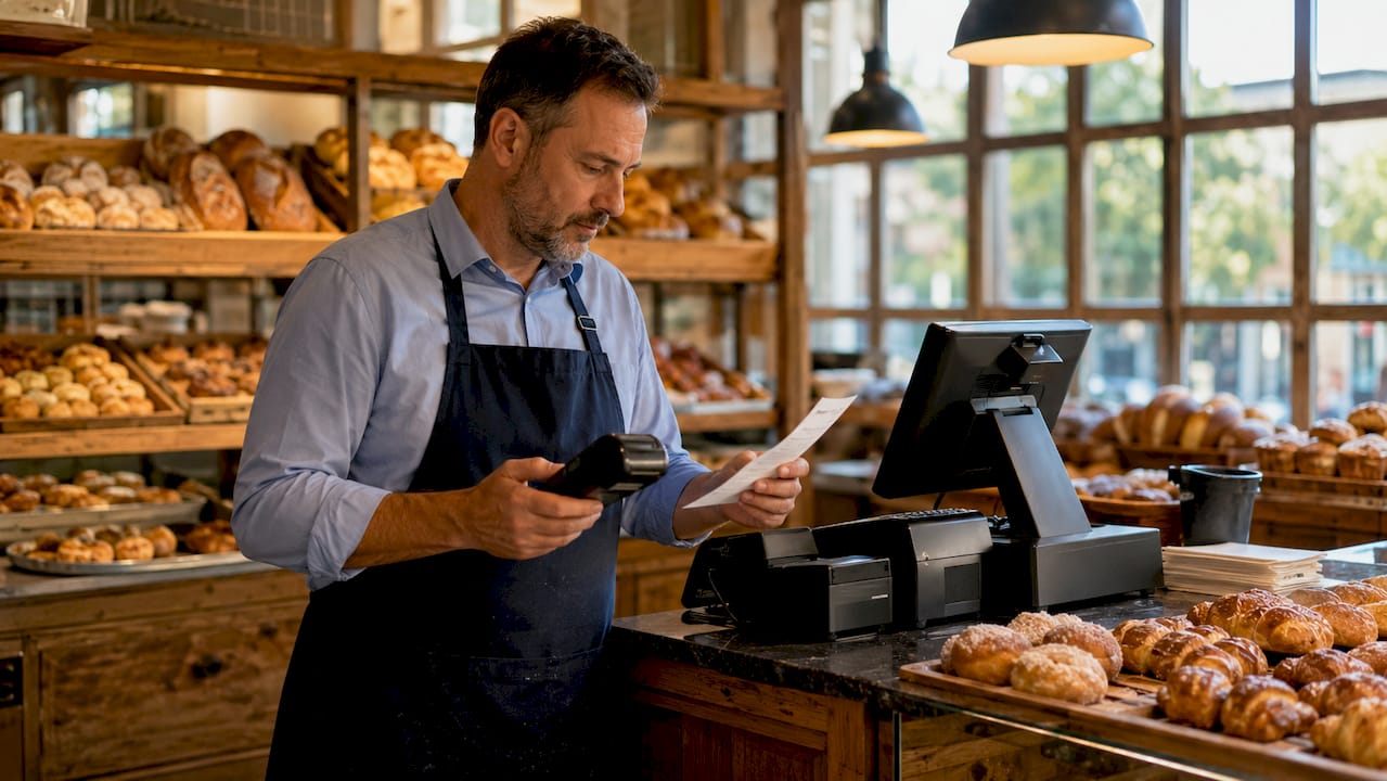 Retail manager inspecting POS terminal and report